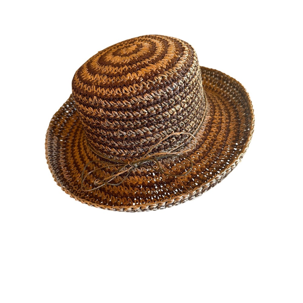 Scala Gal Brown Tan Spiral Weave Paper Straw Sun Hat Cloche Bow Detail‎ 57cm